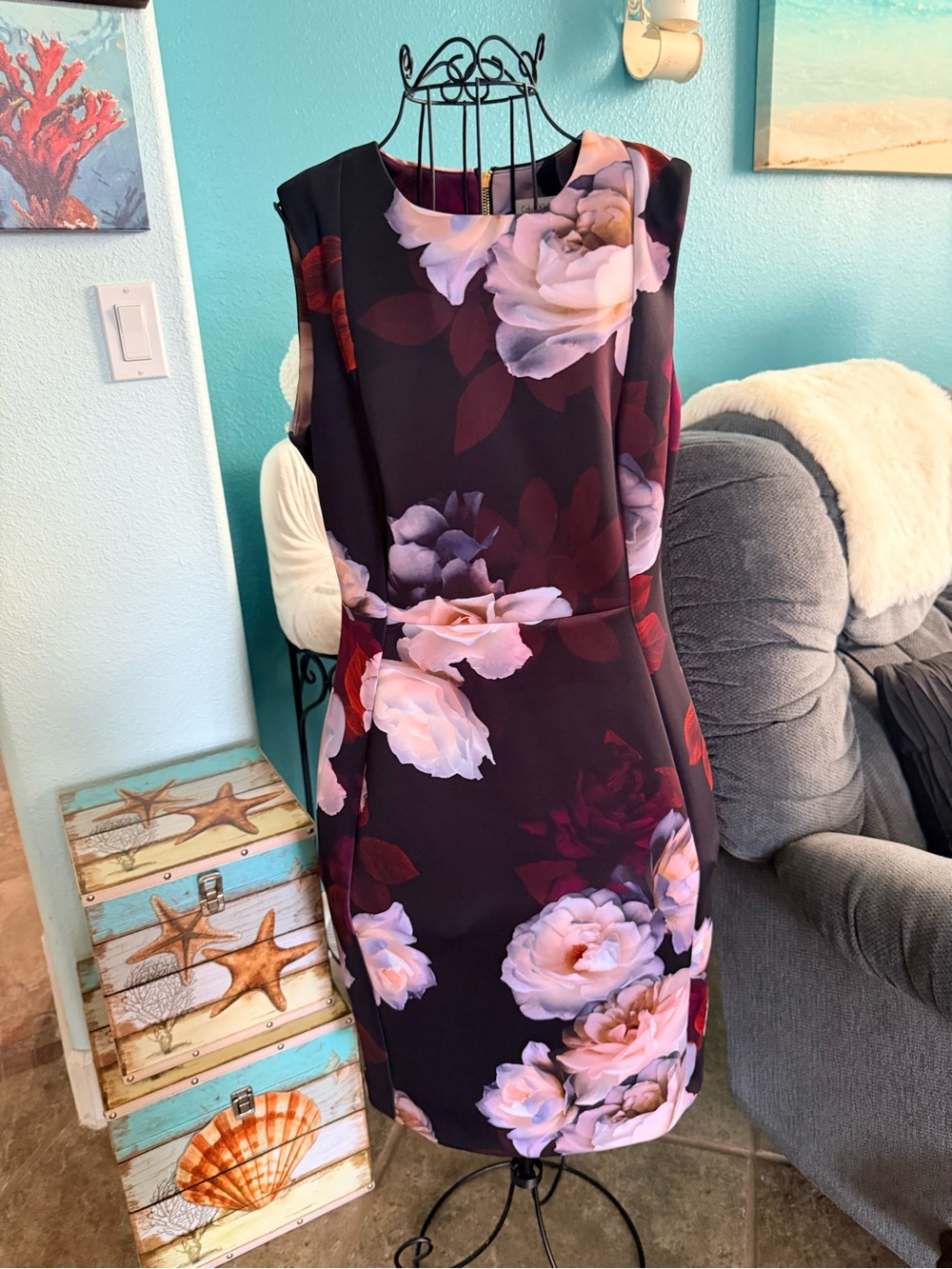 Calvin Klein Black Mini Dress with Pink Rose Print